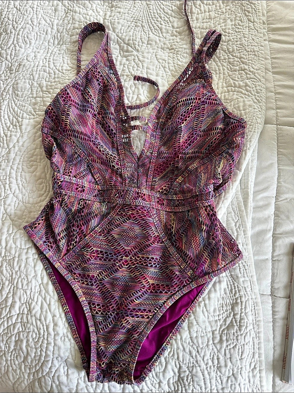 BECCA Geometric One-Piece Swimsuit in Pink & Purple Like New